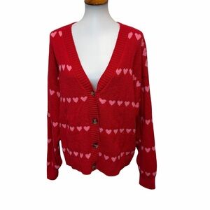 Old Navy Red Cardigan Sweater with Pink Heart Pattern